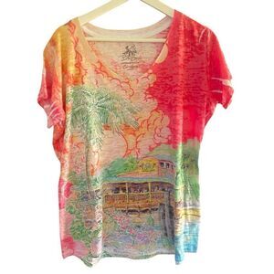 Bee Easy XL short sleeve shirts vneck pink green